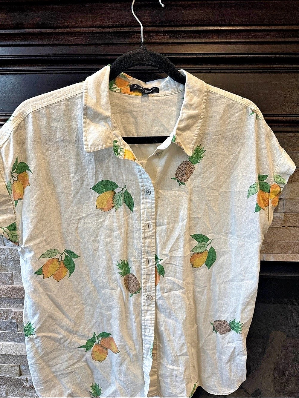 Velvet Heart Fruit Print Button Down Top in White & Green Size Medium